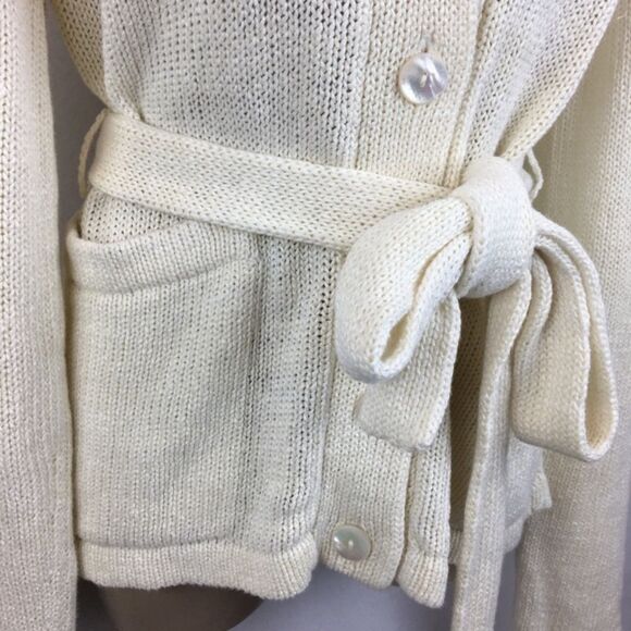 Cassin 100% Linen Ivory Woven Long Sleeve Belted Cardigan Sweater M - Picture 6 of 7